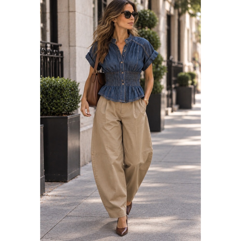 Pilcro Anthropologie The Linden Denim Pleated Waisted Blouse Size M